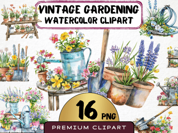 Download Watercolor Retro Gardening Tools Clipart - Gardening tools Collection
