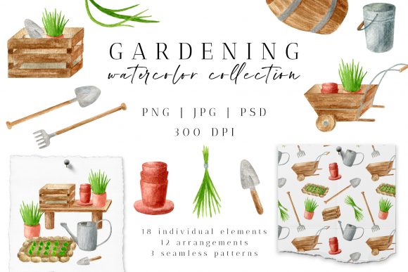 Download Gardening Tools Watercolor Clipart - Premium Bundle