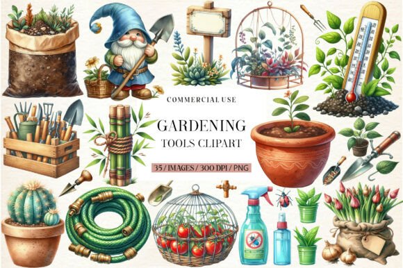 Download Gardening Tools Watercolor Clipart Png - Gardening tools Collection